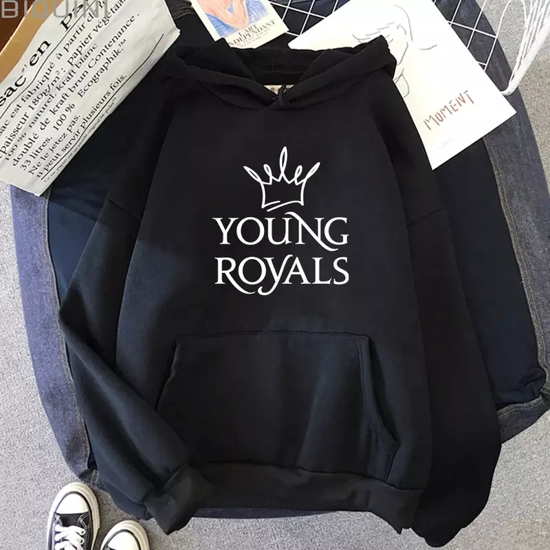 Young Royals-للرجال كم طويل رقبة مستديرة هوديس, البلوفرات غير رسمية, ملابس الشارع الشهير خمر, خريف, شتاء, جديد رسالة طباعة, للجنسين, Y2K