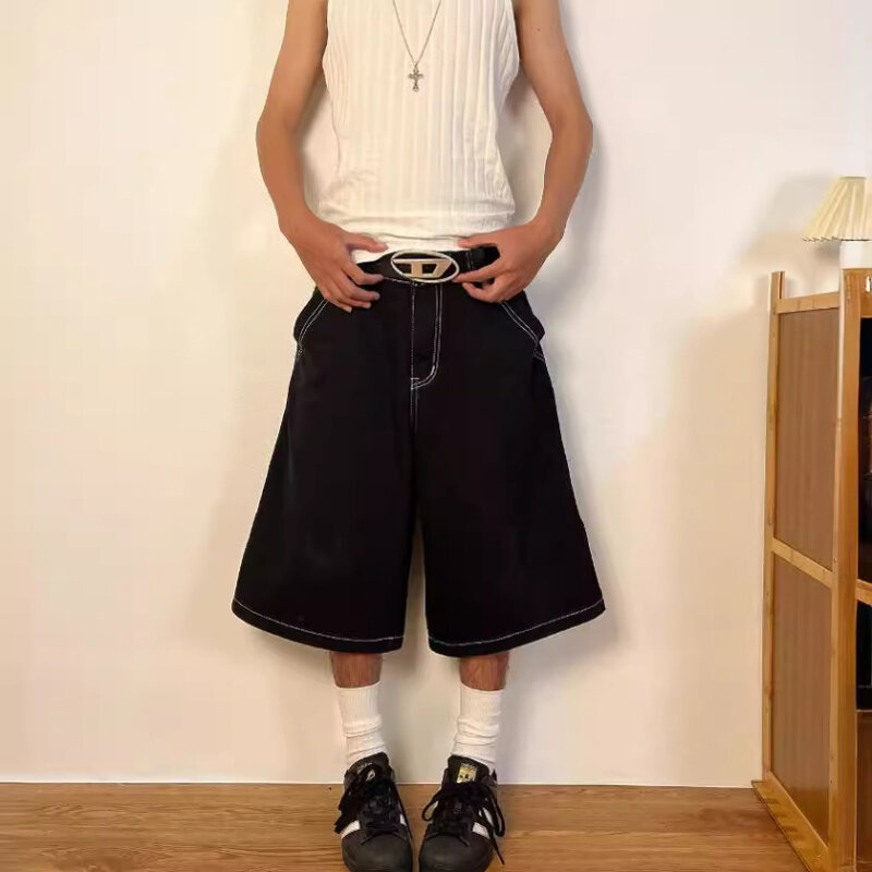 QWEEK-جينز نسائي فضفاض كلاسيكي ، ملابس شارع أمريكي ، ساق واسعة ، جينز بطول الركبة ، تطريز قوطي ، شورت جينز فضفاض ، الصيف ، Y2K