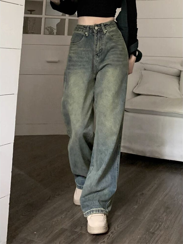 ديبتاون-جينز نسائي واسع الساق ، ملابس الشارع خمر ، بنطلون جينز مغسول ، بنطلون أزرق مترهل أساسي جرنج ، Y2k ، ربيع