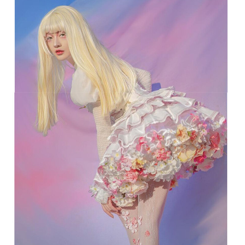 اليدوية الملونة الزهور ثوب نسائي لوليتا تنورة دعم الحصاد Kawaii فستان قصير هالوين اكسسوارات لطيف فتاة كوريا اليابان