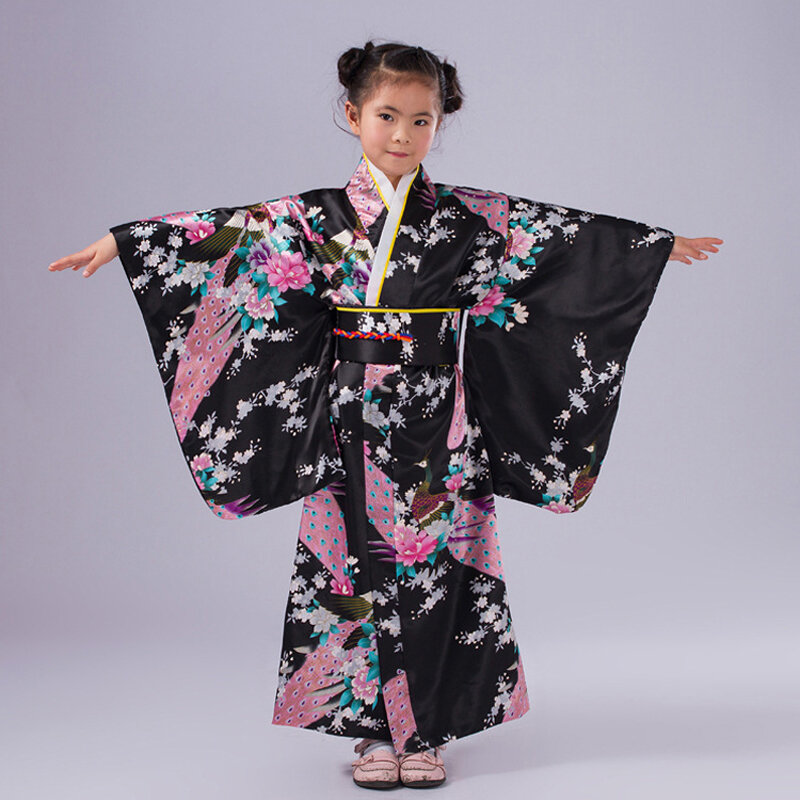 الأطفال الطاووس يوكاتا ملابس فتاة ثوب الكيمونو الياباني فستان أطفال يوكاتا هاوري زي التقليدية اليابانية كيمونو زي الطفل