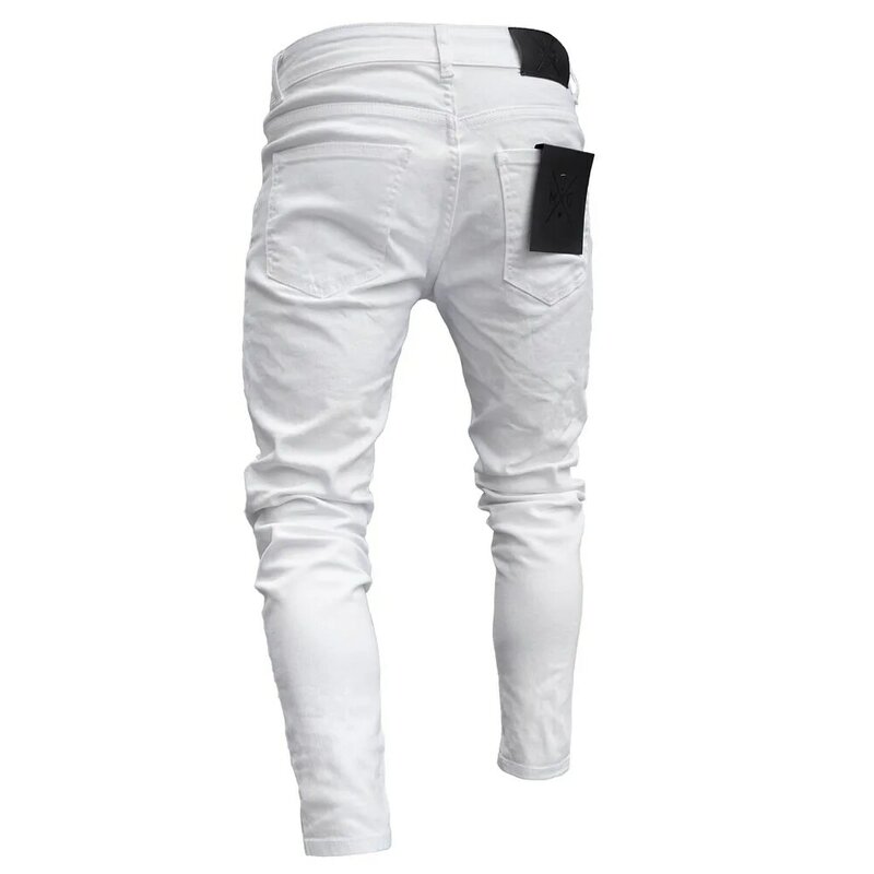 سراويل جينز بيضاء مطرزة للرجال من القطن المطاطي ممزقة ونحيفة عالية الجودة بنمط الهيب هوب ذات الفتحات السوداء الممشوقة ذات الحجم الكبير من قماش الدنيم