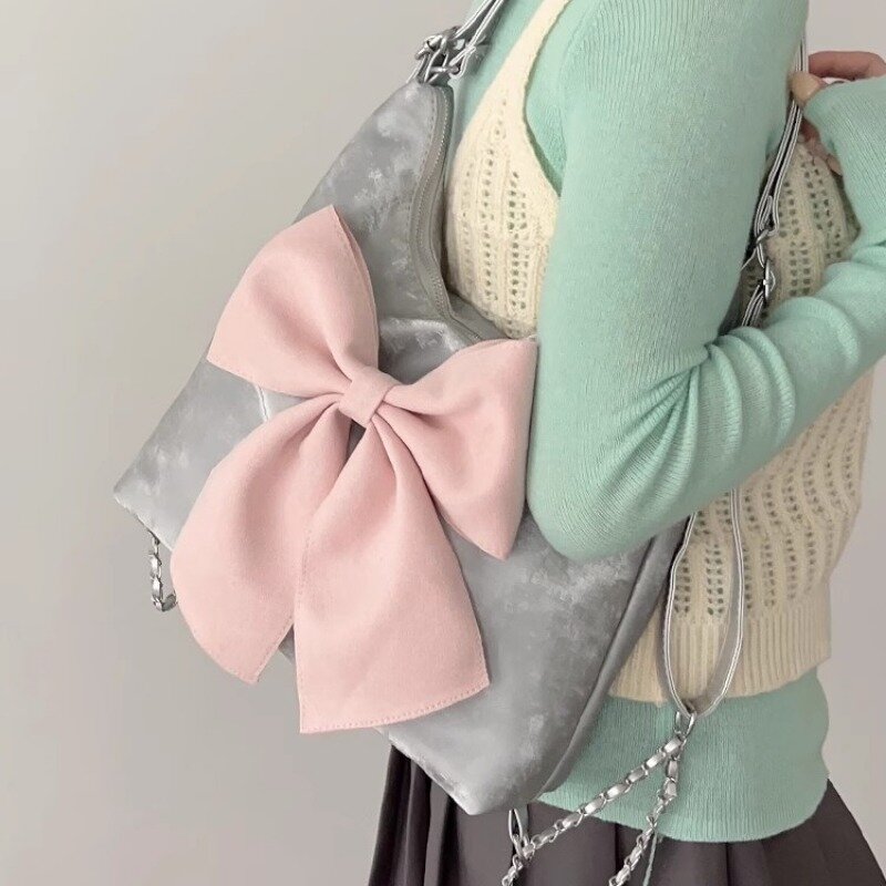 Xiuya-حقيبة كتف القوس الوردي للنساء ، على الطراز الكوري ، سعة كبيرة ، حقيبة ظهر جميلة ، لطيفة ، رائعة ، أنيقة ، حمل ، أنثى ، موضة ، جديدة