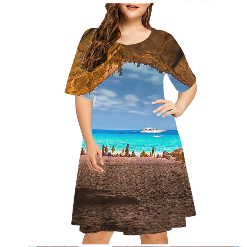 فساتين صيفية للنساء بتصميم مشهد طبيعي للشاطئ لعام 2023 موضة جديدة قصيرة الأكمام حجم كبير فستان فضفاض للحفلات غير رسمية فستان قصير