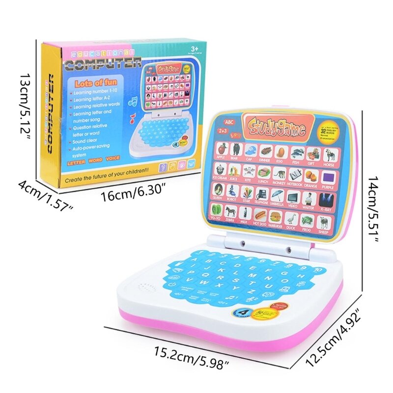 لعبة كمبيوتر محمول على شكل آلة تعليمية للأطفال مع أصوات وموسيقى تشجع على التعرف على الحروف والتهجئة والأرقام والأطعمة والحيوانات