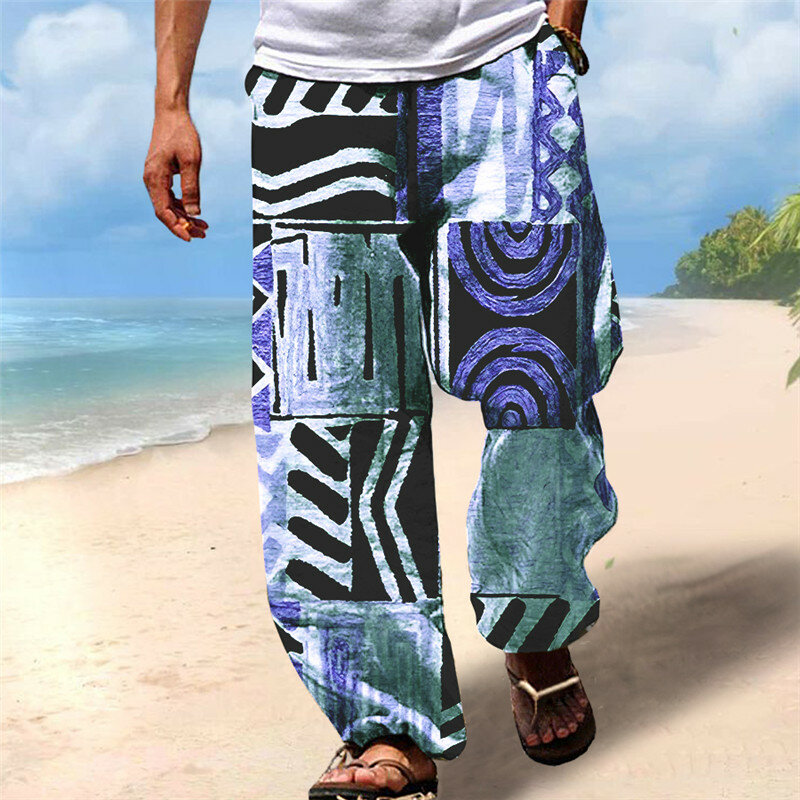 بنطال رجالي بأرجل واسعة مطبوع ثلاثي الأبعاد ، سراويل فضفاضة غير رسمية ، أزياء عطلة الشاطئ ، الصيف