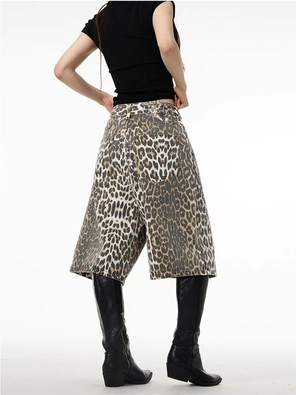 هوتشو-سراويل جينز نسائية كلاسيكية من جلد النمر ، شورت جينز ياباني ، ملابس الشارع الكبيرة الحجم ، أزياء كورية ، Y2k ، الصيف