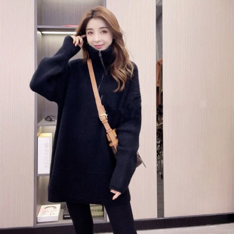 سستة سترة النساء الشتاء الياقة المدورة ثخن متوسط طويل الكورية الأزياء خمر المتناثرة عارضة كنزة بمقاس كبير أبيض أسود