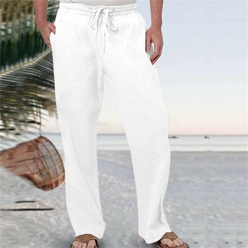 سروال رجالي من القطن والكتان بلون سادة بنطال جيب مطاطي للخصر مناسب للركض سروال رياضي فضفاض للشاطئ بنمط الهيب هوب