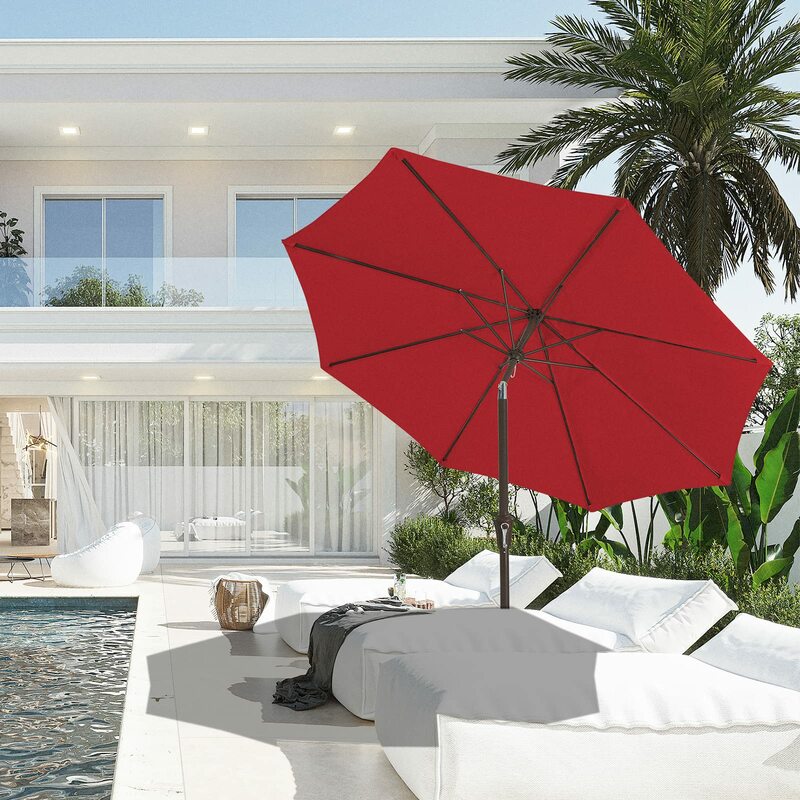 مظلة فناء خارجية ، مظلة طاولة ، 8 أضلاع قوية ، حماية من خلال الآشعة البنفسجية ، مقاومة للماء للحديقة ، أحمر ، 9ft