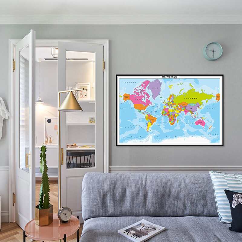 84*59cm The Wold Political Map In Dutch Wall Art Poster Canvas Painting Children School Supplies Living Room Home Decoration