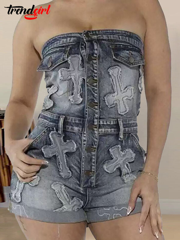 Trendgirl-المرأة تمتد الدنيم التطريز Playsuits ، مثير قبالة الكتف جينز قصيرة بذلة ، الشارع الشهير الإناث السروال القصير