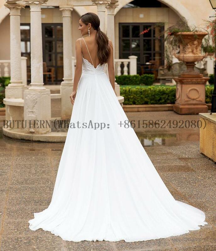 Spaghetti Straps Boho Wedding Gown Side Split Chiffon Bride Dress Back Lace Beach Bridal Gown  вечернее платье
