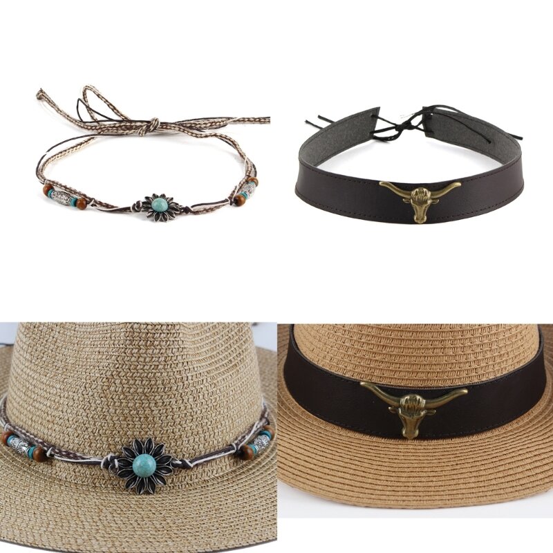 4 أنماط من حلقات القبعة المصنوعة يدويًا من القش قابلة للسحب وحزام قبعة رعاة البقر قابل للتعديل