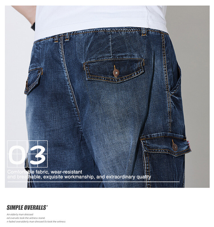 سراويل جينز فضفاضة كبيرة الحجم للرجال ، بنطلون متعدد الجيوب ، ملابس عمل المد والجزر ، المؤخرة ، الصيف ، 48 ، 46 ، 8XL ، 7XL
