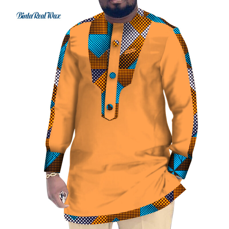 ملابس رجالية أفريقية من القطن غير رسمية قميص طويل الأكمام من Dashiki مرقع ملابس بازان ريتشي الأفريقية التقليدية WYN1039