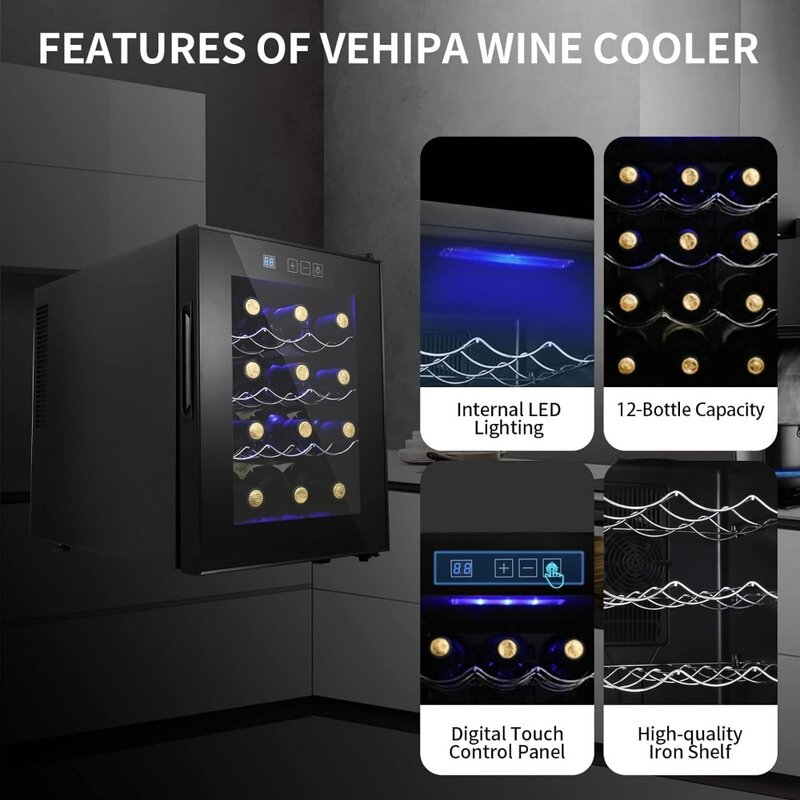 ثلاجة صغيرة مبرد نبيذ ، ثلاجة نبيذ مدمجة مع تحكم رقمي في درجة الحرارة ، تشغيل هادئ ، مبرد حراري