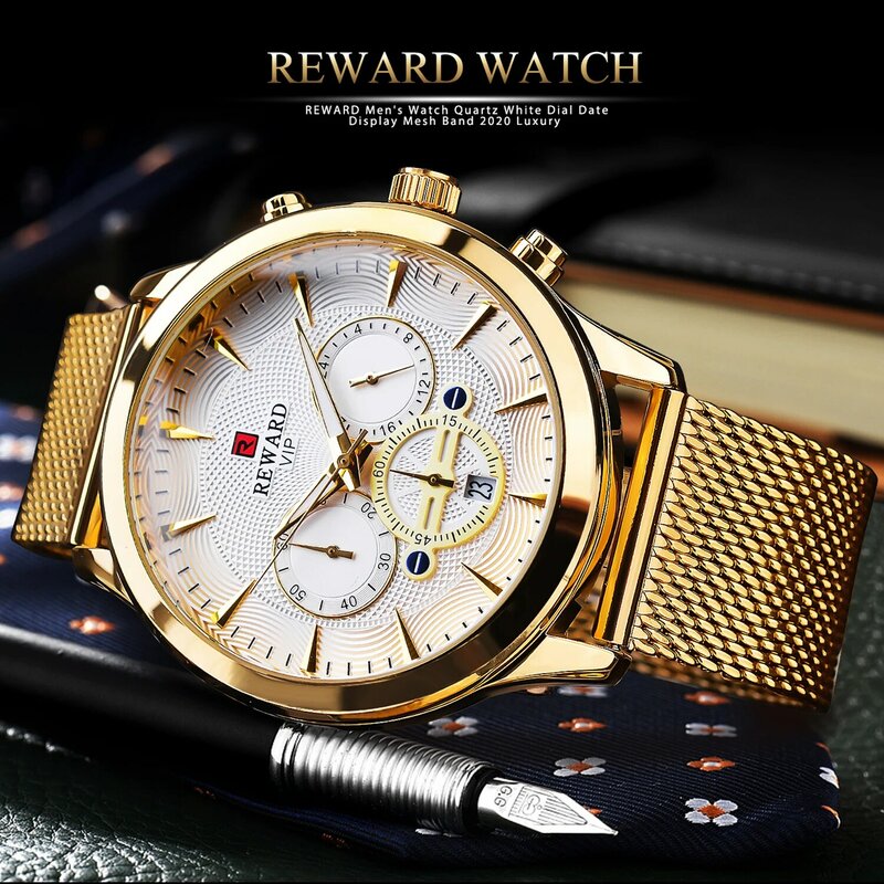 ساعة مكافأة الذكور العلامة التجارية الجديدة الفاخرة ساعة كرونوغراف رجل مضيئة الأيدي ساعة ذهبية الفولاذ المقاوم للصدأ حزام Relogio Masculino