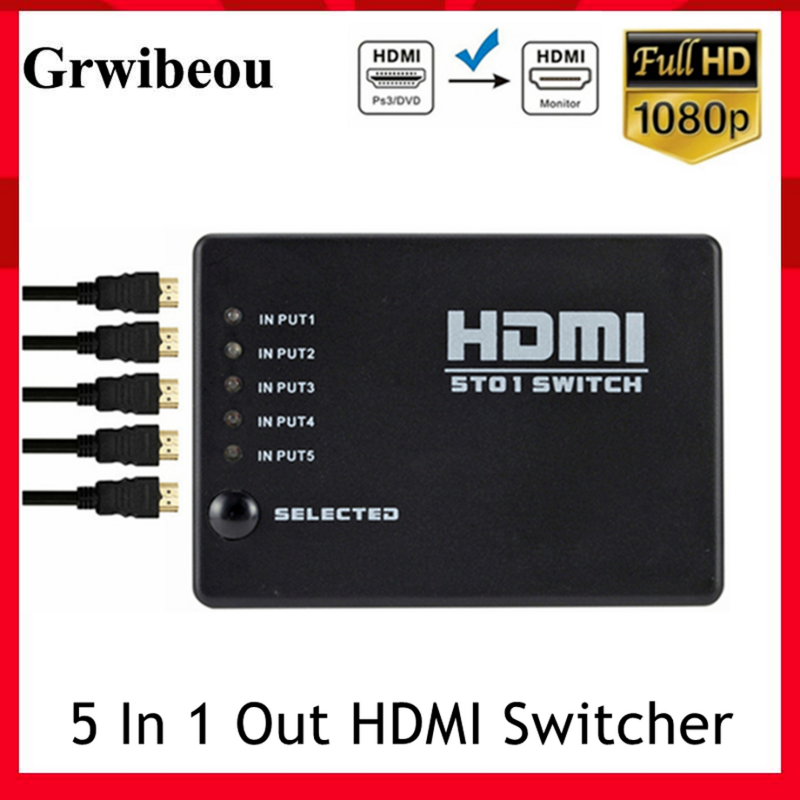 محول HDMI بمنفذ 5 من Grwibeou عالي الدقة 1080P محور فاصل مع جهاز تحكم عن بعد بالأشعة تحت الحمراء لمحول HDMI بمحول HDMI 5 في 1
