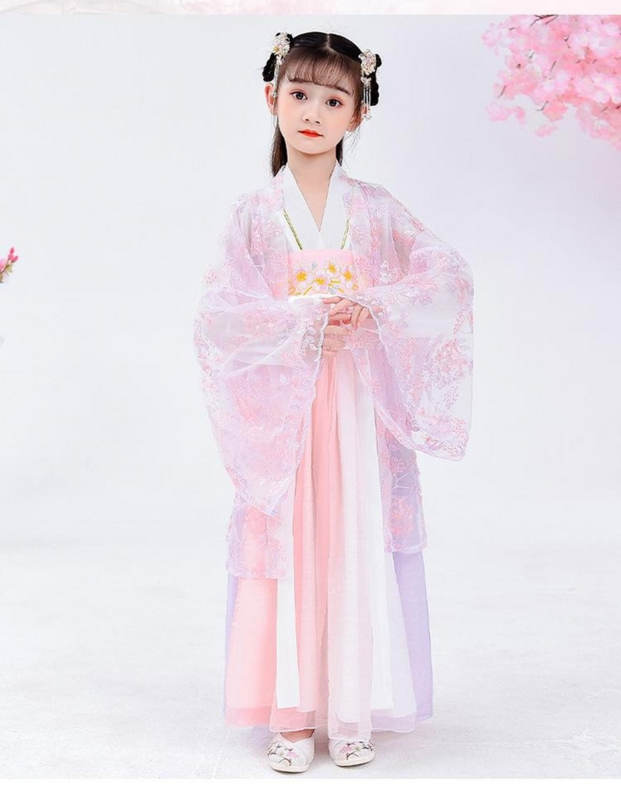 الفتيات الأطفال زي الأميرة التقليدية الصينية نمط الصدر تنورة كاملة دعوى الربيع والخريف الاطفال الوردي فستان Hanfu