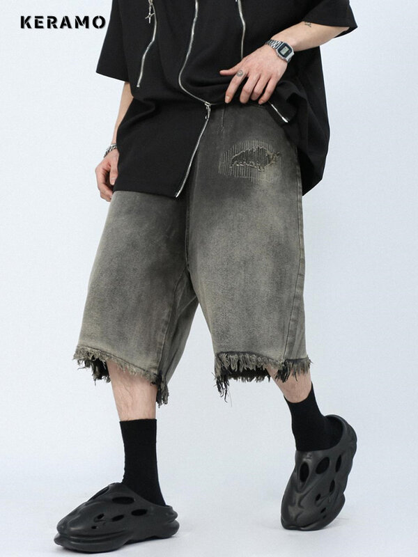شورت جينز نسائي واسع الساق ، كابريس بتصميم للجنسين ، تصميم حافة لدغ ، خصر مرتفع ، جينز فضفاض بطول الركبة ، أسود ورمادي ، الصيف