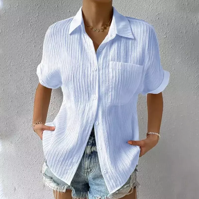قميص نسائي كاجوال بأزرار طية صدر بأكمام قصيرة ، قميص للعمل التجاري ، توب نسائي للمكتب ، صيف ، جديد ،