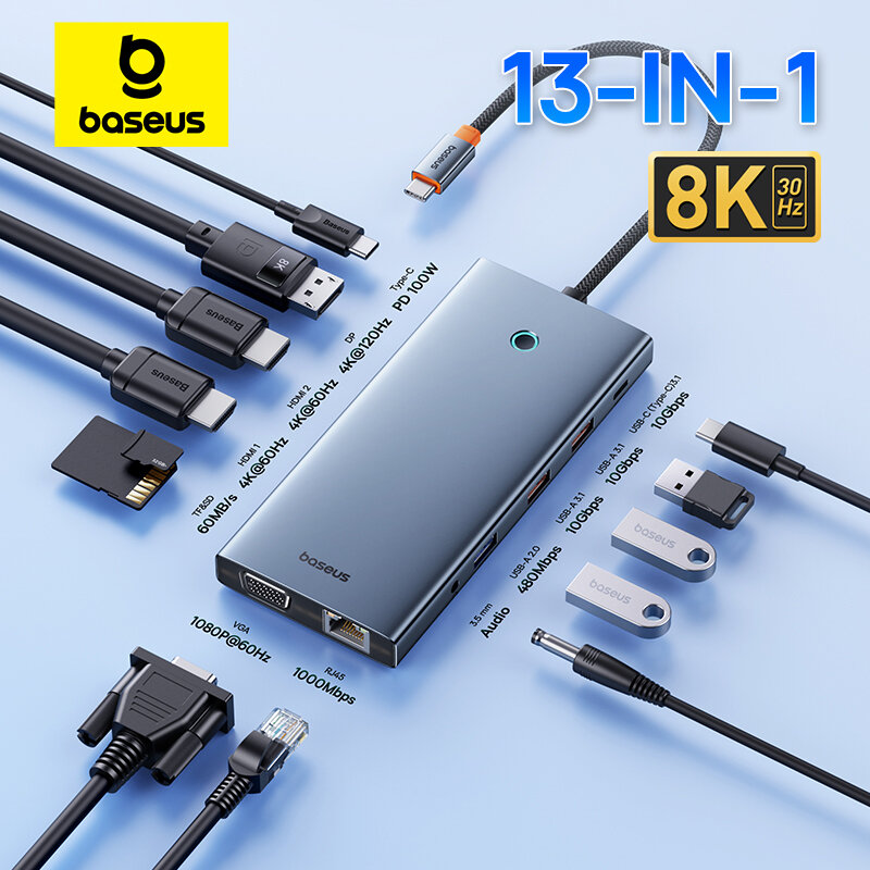 مهايئ محور Baseus-USB متوافق مع HDMI ، 13 في 1 ، DP ، 4K ، 60Hz ، Hz ، RJ45 ، محول VGA ، PD ، Type ww ، USB من أجل Macbook ، كمبيوتر شخصي