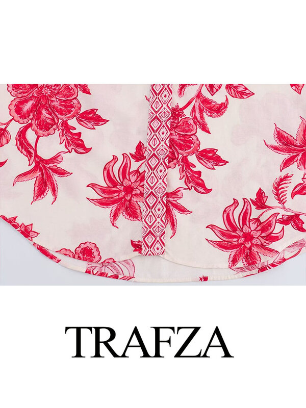 TRAFZA-بلوزة نسائية بطبعة زهور بياقة مطوية ، أكمام طويلة ، صدر واحد ، قمصان نسائية صيفية فضفاضة غير رسمية ، موضة جديدة