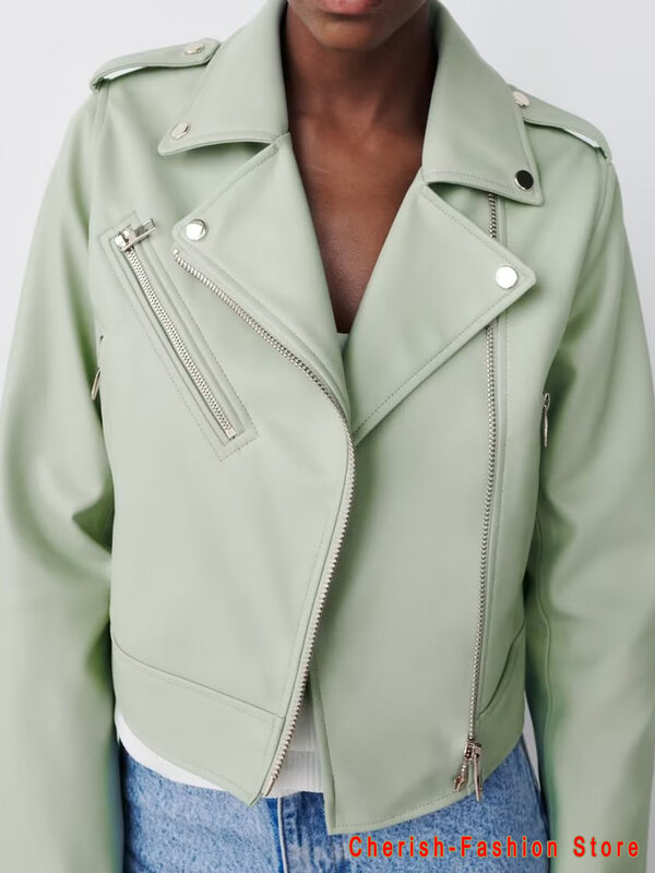 New 2022 Spring Autumn Pu Faux Leather Jacket Women Green Zipper Slim Short Biker Jackets Coat Female Outwear Veste Femme Tops