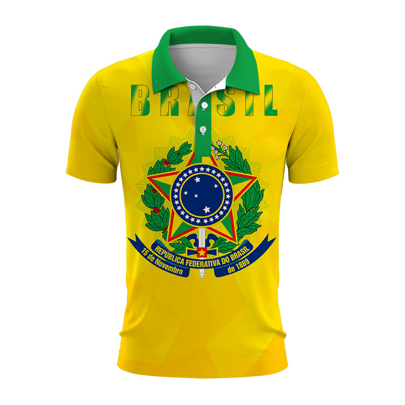 شعار البرازيل الوطني للرجال قميص بولو مطبوع ثلاثي الأبعاد ، قمم غير رسمية كبيرة الحجم ، اتجاه قصير الأكمام ، ياقة بأزرار لأسفل ، الصيف