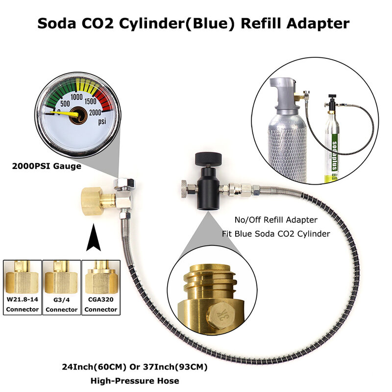مياه الصودا تيار اسطوانة محطة إعادة الملء محول مع خرطوم على وإيقاف محول ، موصل CO2 ، W21.8-14 (دين 477) أو موصل CGA320 ، جديد