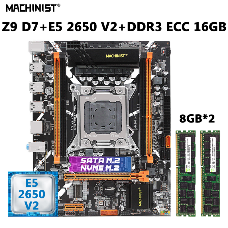 MACHINIST-X79 Z9 D7 مجموعة اللوحة ، LGA 2011 عدة مع زينون E5 2650 V2 المعالج وحدة المعالجة المركزية ، 16GB = 2x8GB ، DDR3 ECC ذاكرة الوصول العشوائي ، NVME ، SATA M.2