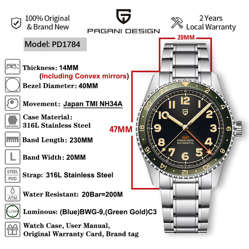 تصميم باجاني-ساعة يد ميكانيكية للرجال ، NH34A ، أوتوماتيكية ، ياقوت ، مقاومة للماء ، ساعة GMT ، المنزل ، NH1784 ، 40 * ، جديدة ،