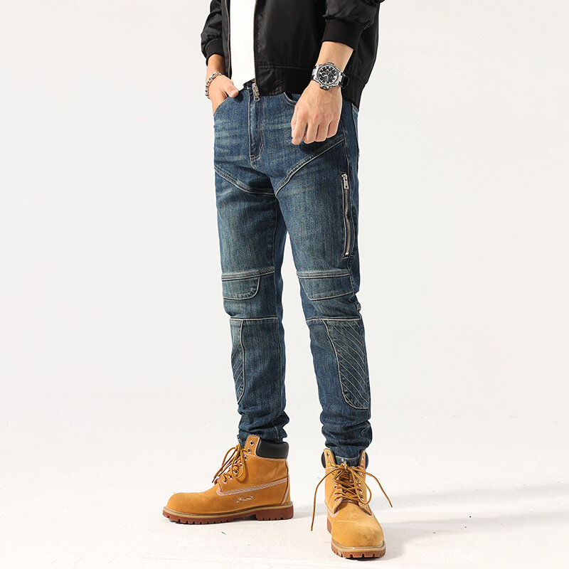 بنطلون جينز رجالي عصري من Streetwear بتصميم كلاسيكي أزرق قابل للتمدد ومناسب للجسد مزود بجزء من الجينز للرجال نمط الهيب هوب سراويل للرجال مُرقعة
