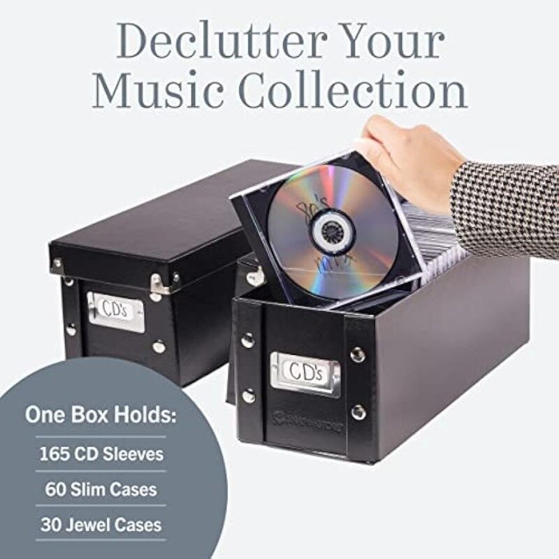 صندوق تخزين CD أسود مع أغطية ، حاملات متينة ، 2 عبوة ، 5.1 × 5.1 × 13.2 بوصة ، لتخزين ما يصل إلى 165 قرص