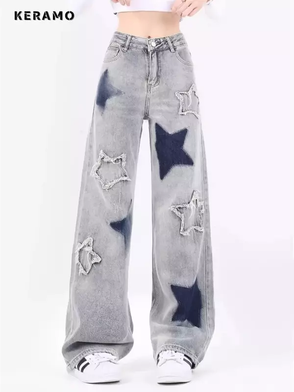 جينز بتصميم رقعة نجوم للنساء ، تطريز كلاسيكي اومري ، بنطال جينز غير رسمي ، خصر مرتفع ، بنطال مستقيم فضفاض ، نسائي