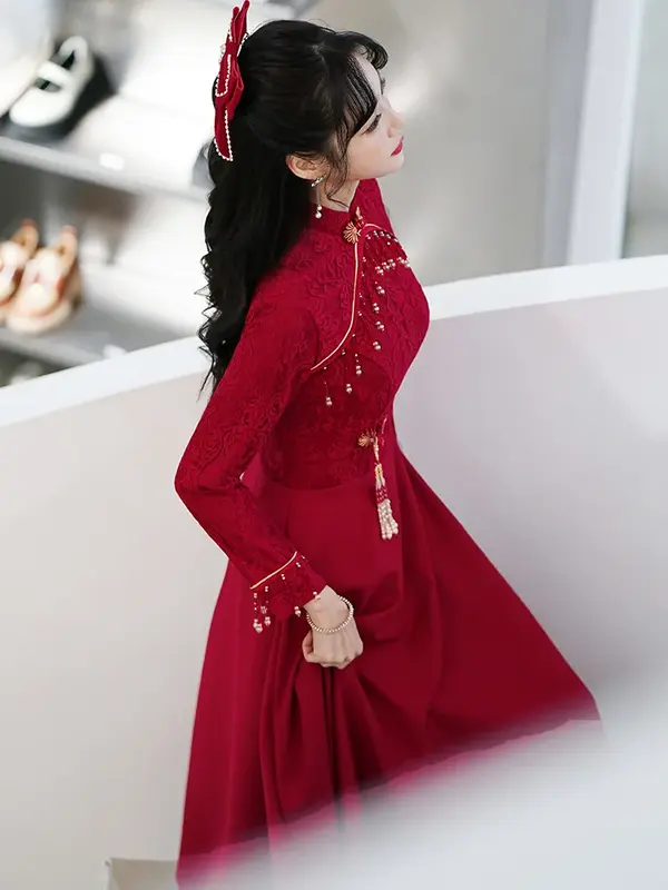 ملابس صينية تقليدية للنساء ، شيونغسام من الدانتيل ، فستان زفاف ، تشيباو أحمر ، فستان زفاف توست ، رداء مقاس كبير ، العام الجديد ، الصين
