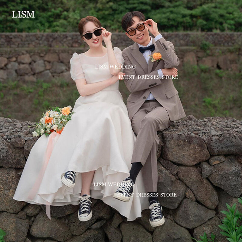 فساتين زفاف أورجانزا LISM-A-Line ، فساتين زفاف ، أكمام قصيرة ، رقبة دائرية ، طول أرضية ، بسيط ، كوريا ، تصوير فوتوغرافي