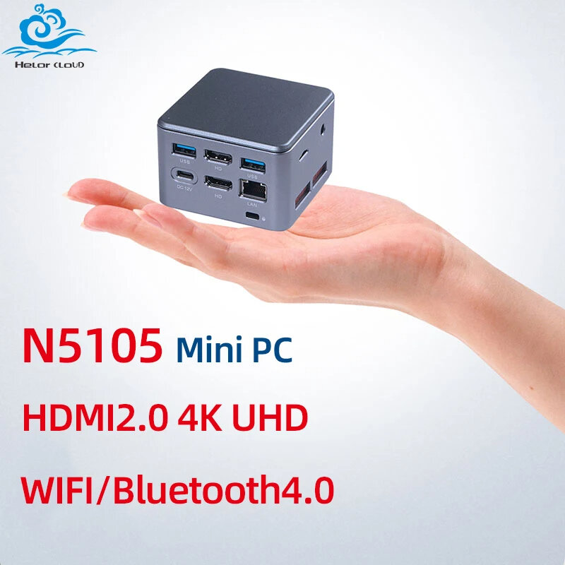 HelorPC-Mini Intel Celeron PC, N5105, 8GB, LPDDR4, 128GB, M.2, NVMe, Dual-Band WiFi, Bluetooth 4.0, 2.5 Gbps, LAN, 4K, UHD, ويندوز 11 ، لينكس