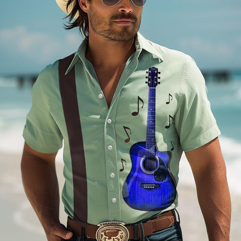 قميص هاواي عتيق على الغيتار للرجال ، قميص بأكمام قصيرة للعطلات ، ناعم ومريح ، تصميم أزرار ، موضة