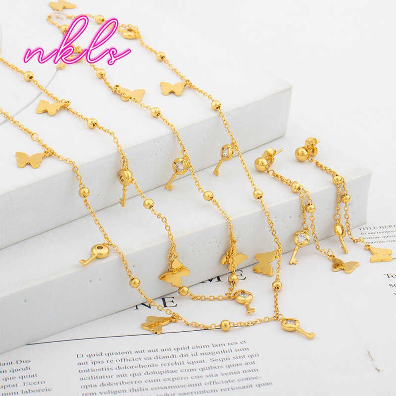 قلادة سلسلة طويلة قلادة صغيرة على شكل مفتاح ، مجموعة أقراط متدلية بدعامة ، مجوهرات دبي الفاخرة بلون ذهبي ، حفل زفاف ، الموضة