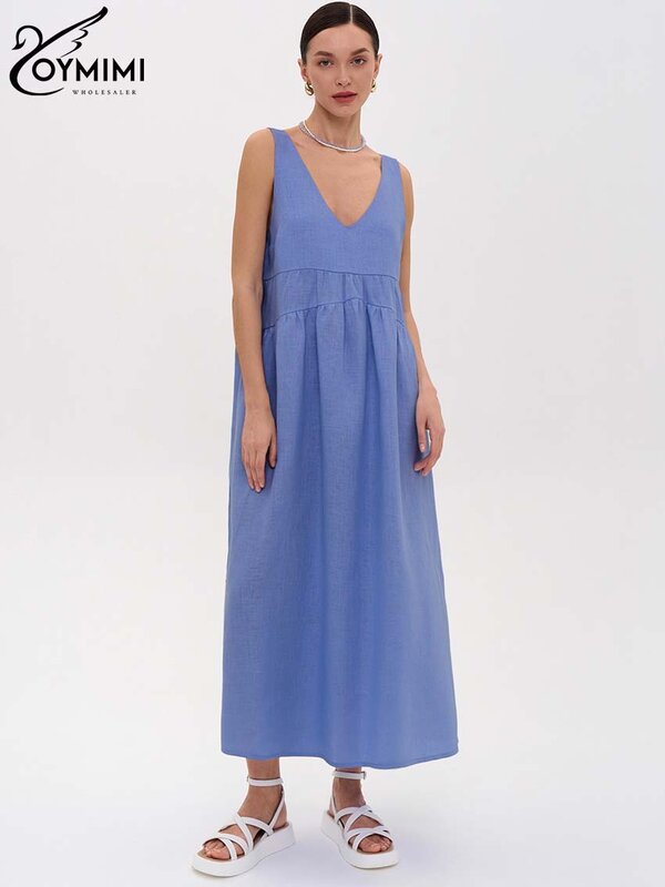 Oimimi-فستان نسائي متوسط الخصر ، فساتين قطنية أنيقة ، رقبة حرف V ، بلا أكمام ، أحادي اللون ، أزرق ، ملابس الشارع غير رسمية ، الصيف