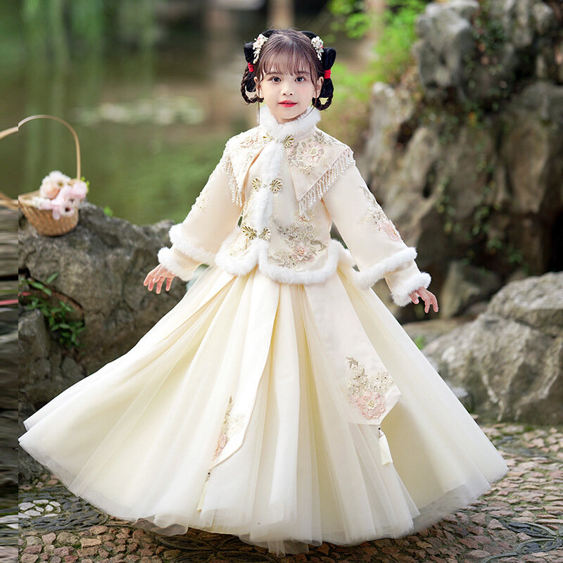 Children's Hanfu Little Girl's 2022 New Girl's Tang Costume Chinese New Year's Dress With Velvet And Thick Cheongsam Winter Dres