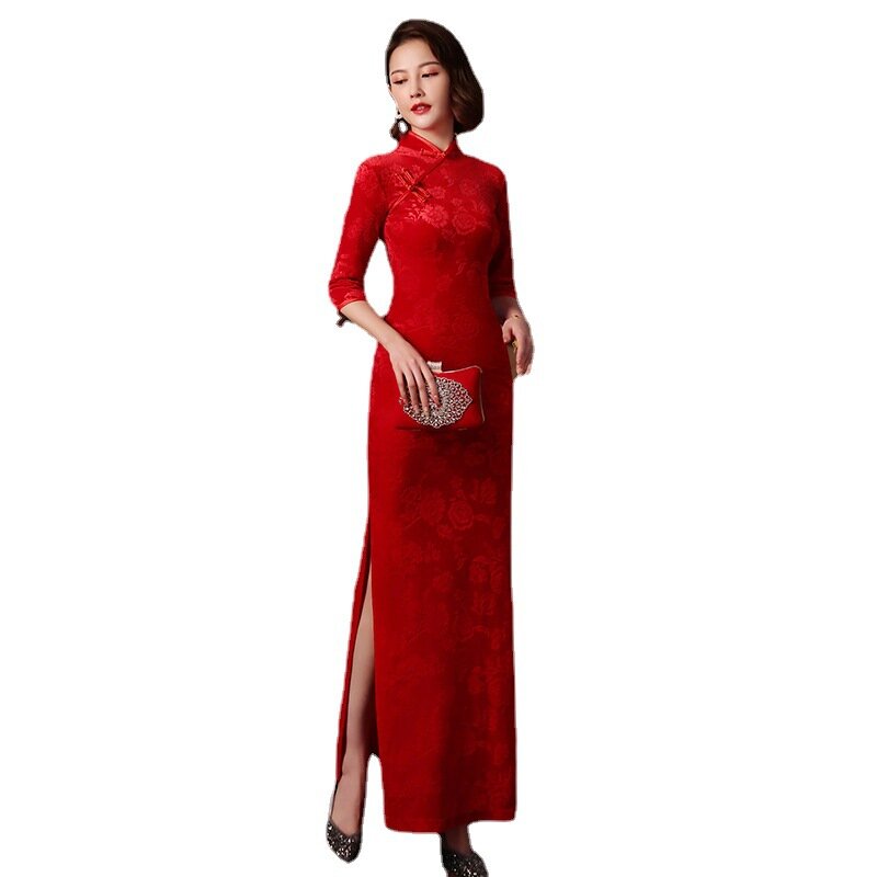 2022 النمط الصيني فستان طويل المنصة ضئيلة شيونغسام المرأة الأحمر تشيباو فستان القطن حفل زفاف Hanfu الصيف شحن مجاني