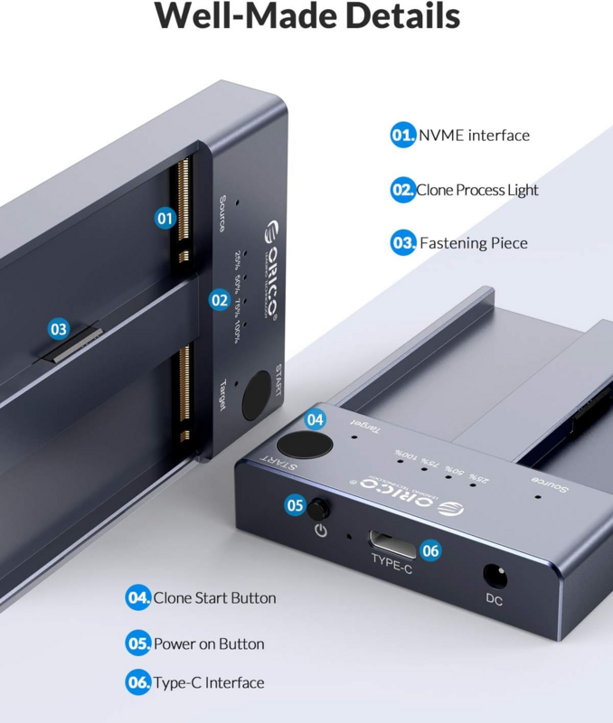 ORICO-M.2 NVMe SSD الضميمة ، المزدوج خليج ، USB C إلى NVMe SSD ، الألومنيوم الناسخ ، حاليا استنساخ PCIe م مفتاح SSD ، 8 تيرا بايت