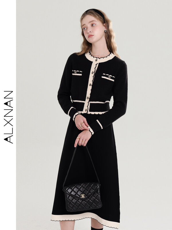 معطف ALXNAN-Black Tweed للنساء ، سترات عتيقة ، تنورة أنيقة متوسطة ، بدلة من قطعتين ، ملابس خارجية قصيرة غير رسمية ، تباع منفصلة ، T00916