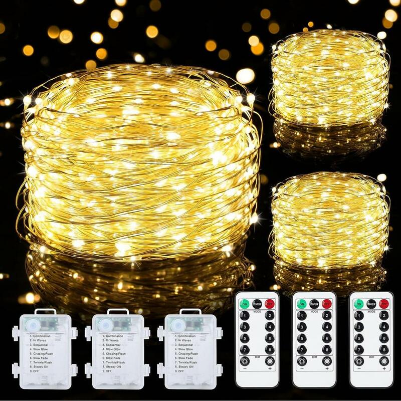 أضواء سلسلة LED مقاوم للماء مع الموقت عكس الضوء ، مصابيح الأسلاك ، تعمل البطارية ، جهاز التحكم عن بعد ، أبيض دافئ ، حديقة