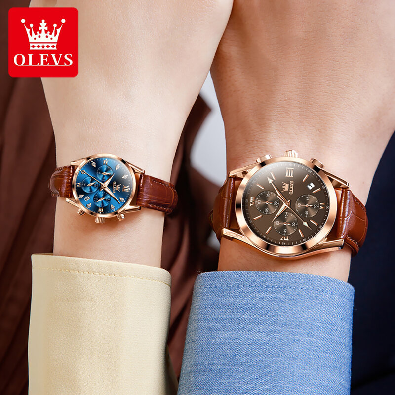 OLEVS-ساعة كوارتز كرونوغراف فاخرة للرجال والنساء ، حزام جلدي ، مقاومة للماء ، مضيئة ، تقويم ، علامة تجارية للأزياء