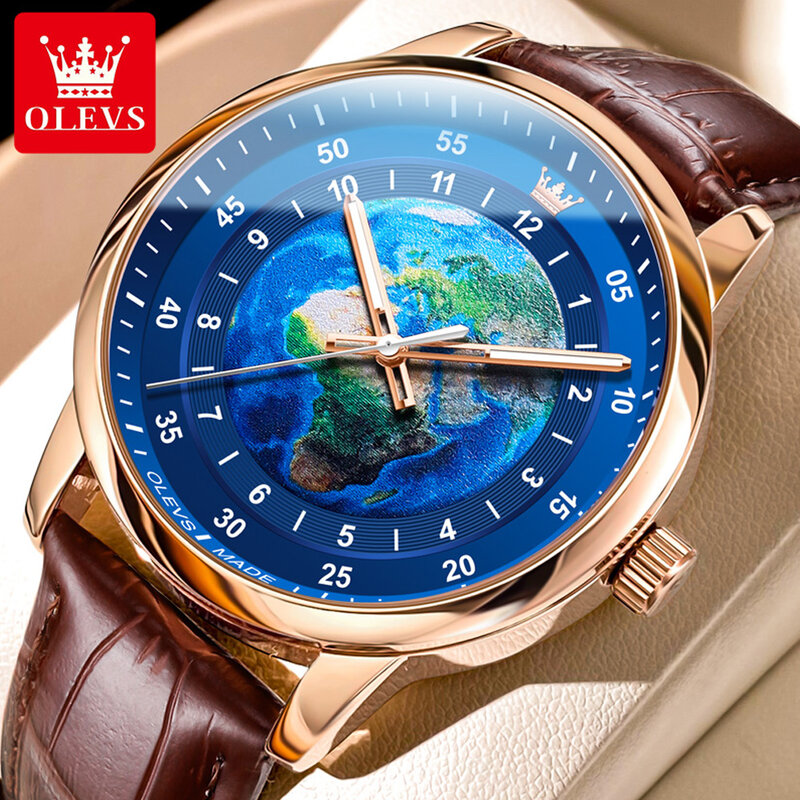 ساعة كوارتز مضيئة مقاومة للماء من OLEVS للرجال ، ساعات جلدية ، ذهب وردي ، أزرق ، أفضل علامة تجارية ، أزياء فاخرة ، جديدة
