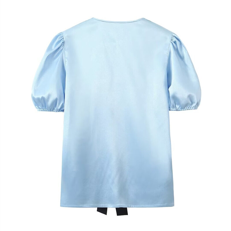 Keyanketian-قميص ساتان نسائي بأكمام منفوخة ، بلوزة بأربطة ، زخرفة القوس ، تصميم أنيق ، قمة مستقيمة ، أزرق سماوي ، جميل ، إطلاق جديد ،